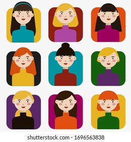 Set of Female Avatars. Happy Girls with Different Hairstyles. Vector 