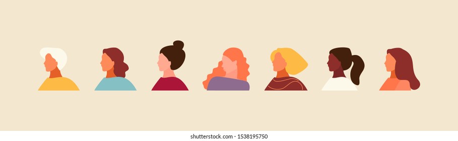 Set of female avatars in profile different nationalities and looks. Vector illustration