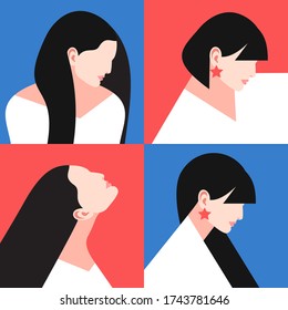 Set of female avatars, side view. Four girls, looking up and down, with different hairstyles. Vector illustration