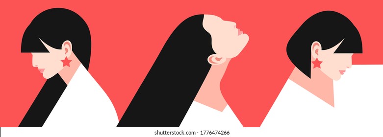 Set of female avatars, side view. Three  girls, looking up and down, with different hairstyles. Flat vector illustration in white, black and red colors