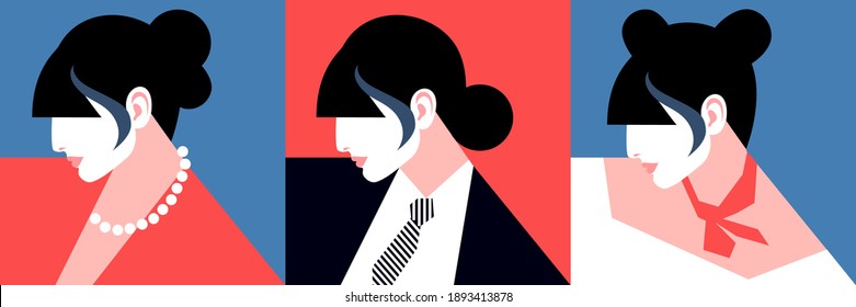 Set of female avatars, side view. Women with different hairstyles, in different dress. Vector illustration