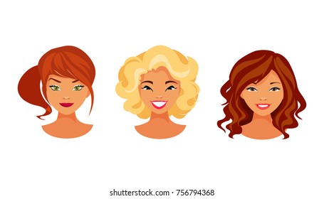 Set of female avatars with various hair styles and hair color. Vector illustration