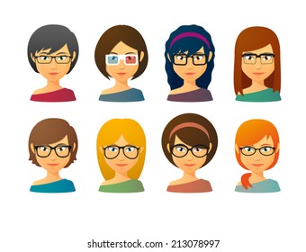 Set of female avatars wearing glasses with various hair styles