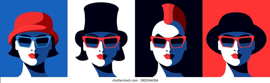 Set of female avatars. Young girls in sunglasses, with top hat, little hat and punk hairstyle. Vector illustration