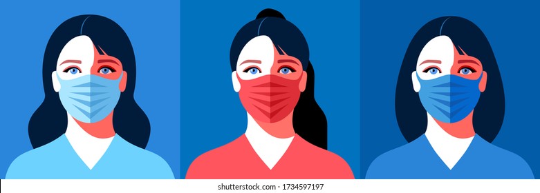 Set of female avatars. Young woman in medical face mask. Concept of coronavirus quarantine. Vector illustration