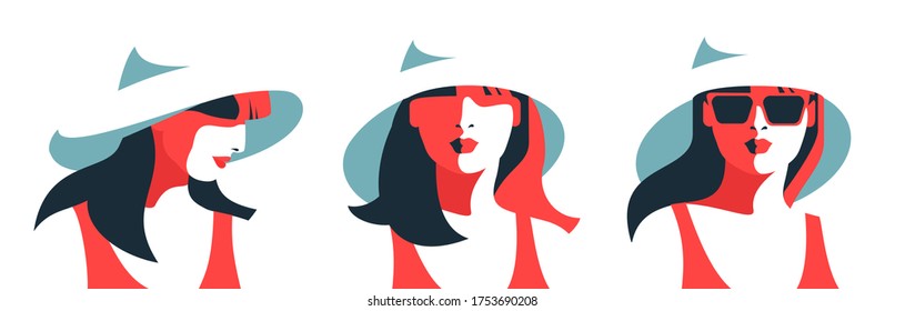 Set of female avatars. Young woman in big white hat. Full face portrait, front view and side view. Vector illustration