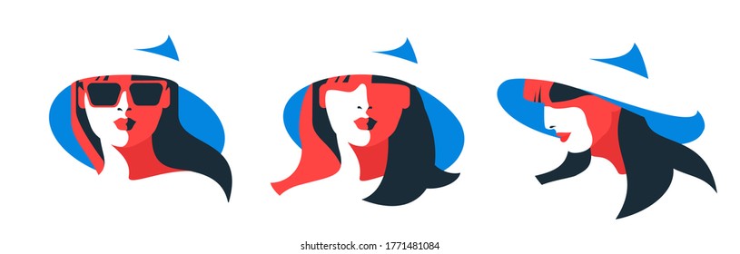 Set of female avatars. Young woman in big white summer hat and sunglasses. Full face portrait, front view and side view. Vector illustration