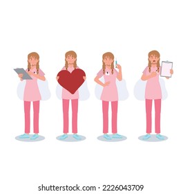 set of female baby doctor , nurse, medical staff in various action. Flat vector cartoon character illustration.