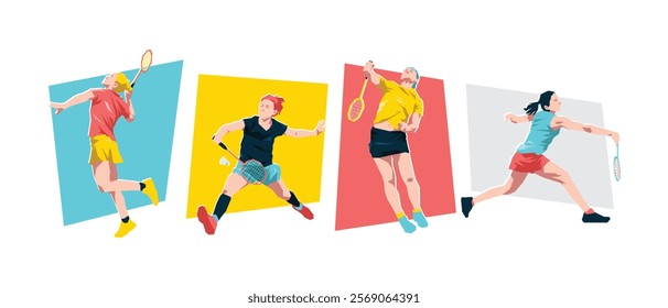 Set of female badminton players. Badminton athlete character. Isolated on white background. Flat graphic vector illustration.