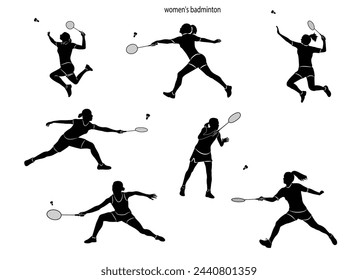 Set of female badminton players vector silhouettes. Female Badminton Jump Smash. Active sport.