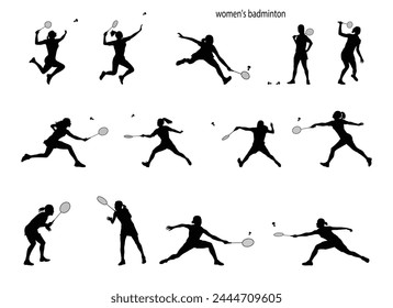 Set of female badminton players vector silhouettes. Female Badminton Jump Smash. Active sport.