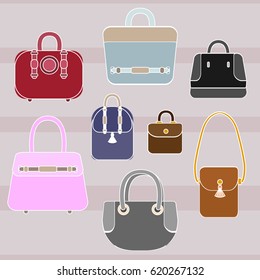 Set of female bags with white outline isolated on striped background