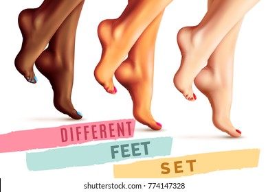 Set of female bare feet of different skin and nails colors isolated on white background vector illustration   
