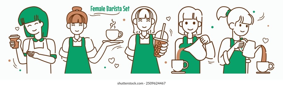 Conjunto de Barista Feminina em Café, restaurante, fast food, cozinha profissional e cafeteria. Personagens de desenhos animados desenhados à mão bonito