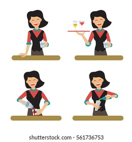 Set of female bartender character serving the alcohol. Vector illustration, flat style. Woman the barkeeper holding the tray with the glasses and pouring the drinks.