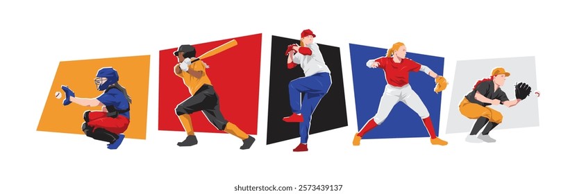 Set of female baseball player character with different poses. Isolated on white background. Flat vector illustration.