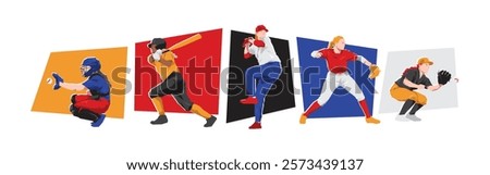 Set of female baseball player character with different poses. Isolated on white background. Flat vector illustration.