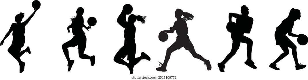 set of female basketball players with different poses and gestures. isolated on white background. vector illustration silhouettes 