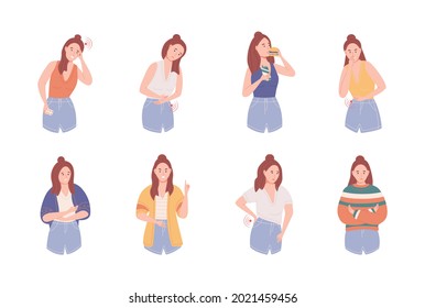 Set of female behavior suffering from premenstrual syndrome. Different symptoms of menstrual cycle headache, mood swings, anger, small of the back and abdominal pain, gluttony. PMS flat vector