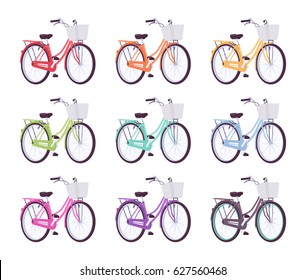 Set of female bicycles with basket in red, orange, yellow, green, blue, pink, purple, black, turquoise color. Elegant lady bikes for sport and fitness activity, isolated on white background