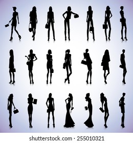 Set of female black silhouettes with handbags
