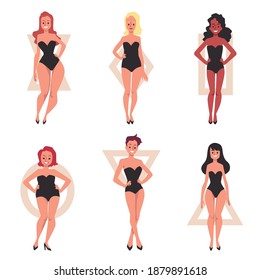 Un conjunto de tipos de forma del cuerpo femenino. Muchachas bellas con diferentes tipos de figuras. Ilustración vectorial de caricatura plana aislada en un fondo blanco.