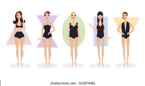 Set Of Female Body Shape Types - Triangle / Pear, Hourglass, Apple / Rounded, Inverted Triangle, Rectangle. Vector Illustration.