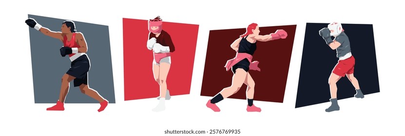 Set of female boxer. boxing athlete character. Isolated on white background. Flat vector illustration.