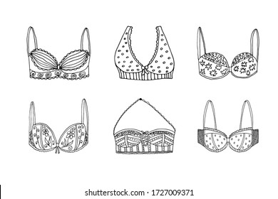 Set of female bras. Vector hand drawn elements for design. Doodle style.
