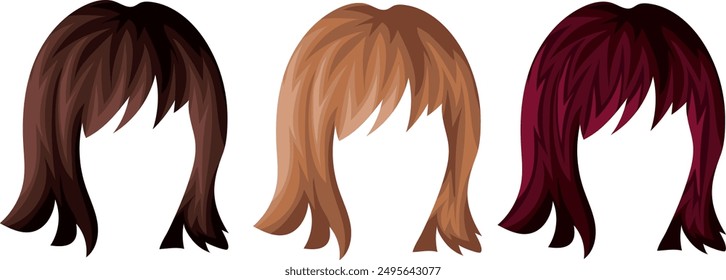 set of female brown red blonde hair with bangs and a square braid, for female characters