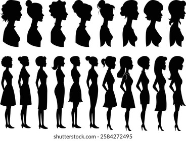 Set of female cameo silhouette with full and half body collection. Side view woman or leady face and body shape. Fashionable female model black cameo silhouette art illustration.