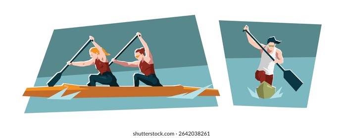 Set of female canoe sprint. Water sport. Cartoon flat vector illustration.