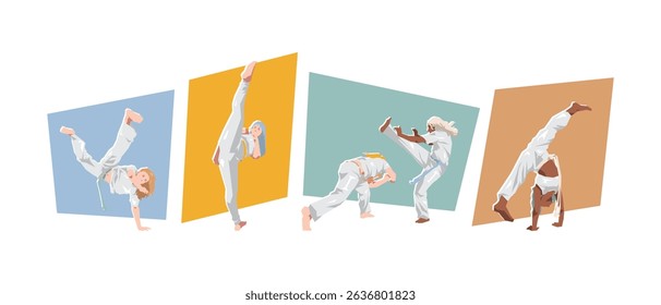 Set of female capoeirista in action, dynamic pose. Sport, capoeira, martial arts. Cartoon flat vector illustration.