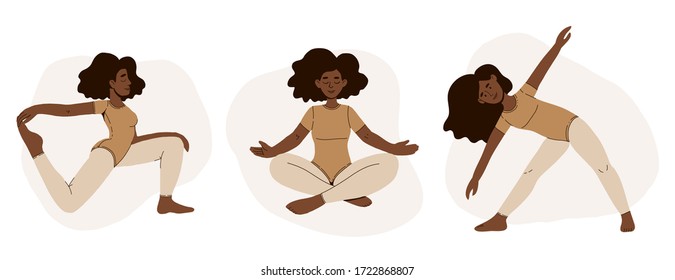 Set of female cartoon characters demonstrating various yoga poses by a black African woman. Vector illustration of a beautiful cartoon woman in various yoga pose.