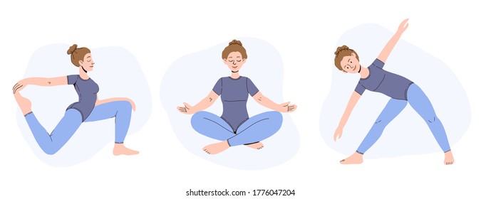 Set of female cartoon characters demonstrating various yoga poses by woman. Vector illustration of a beautiful cartoon woman in various yoga poses.