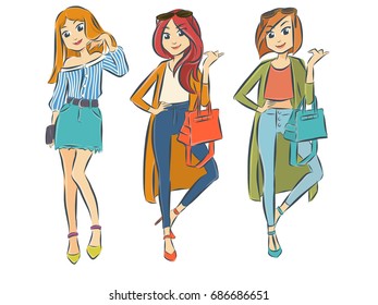 a set of female cartoon characters in different fashion look.