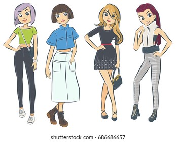 a set of female cartoon characters in different fashion look.