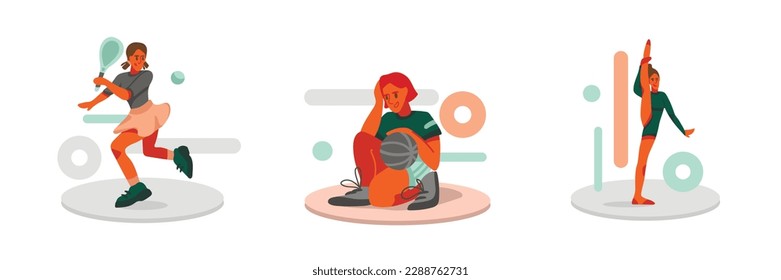 Set of female cartoon characters doing different kinds of sports. Time for playing tennis, basketball and stretching. Active and healthy lifestyle. Vector