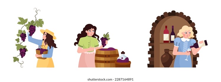 Set of female cartoon characters making wine from organic grapes. Women dealing with winemaking process. Group of young people making alcohol drinks. Vector