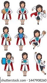 Set with female cartoon medical doctor in different poses.