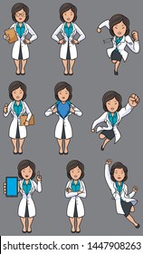 Set with female cartoon medical doctor in different poses.