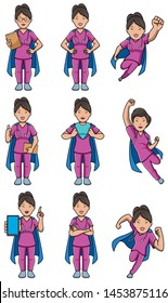 Set with female cartoon medical nurse in different poses.