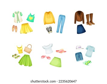 Set of female casual clothes, Fashion summer and winter wardrobe cartoon vector illustration