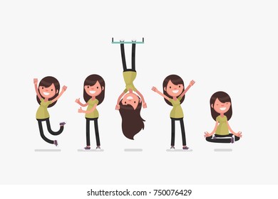 Set of female character in casual clothes in different poses: Vector illustration.