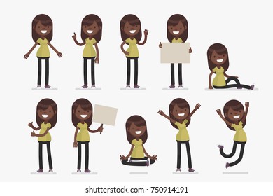 Set of female character in casual clothes in different poses: Vector illustration.