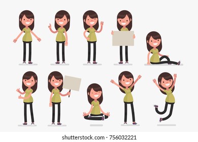 Set of female character in casual clothes in different poses: Vector illustration.