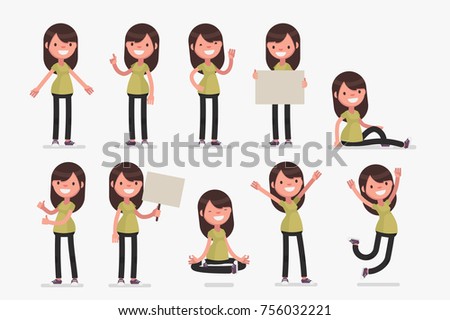 Set of female character in casual clothes in different poses: Vector illustration.