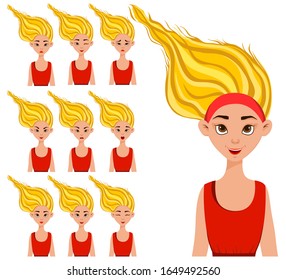 Set with a female character with different facial expressions and emotions. Cartoon style. Vector illustration