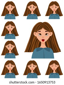 Set with a female character with different facial expressions and emotions. Cartoon style. Vector illustration
