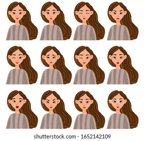 Set with a female character with different facial expressions and emotions. Cartoon style. Vector illustration